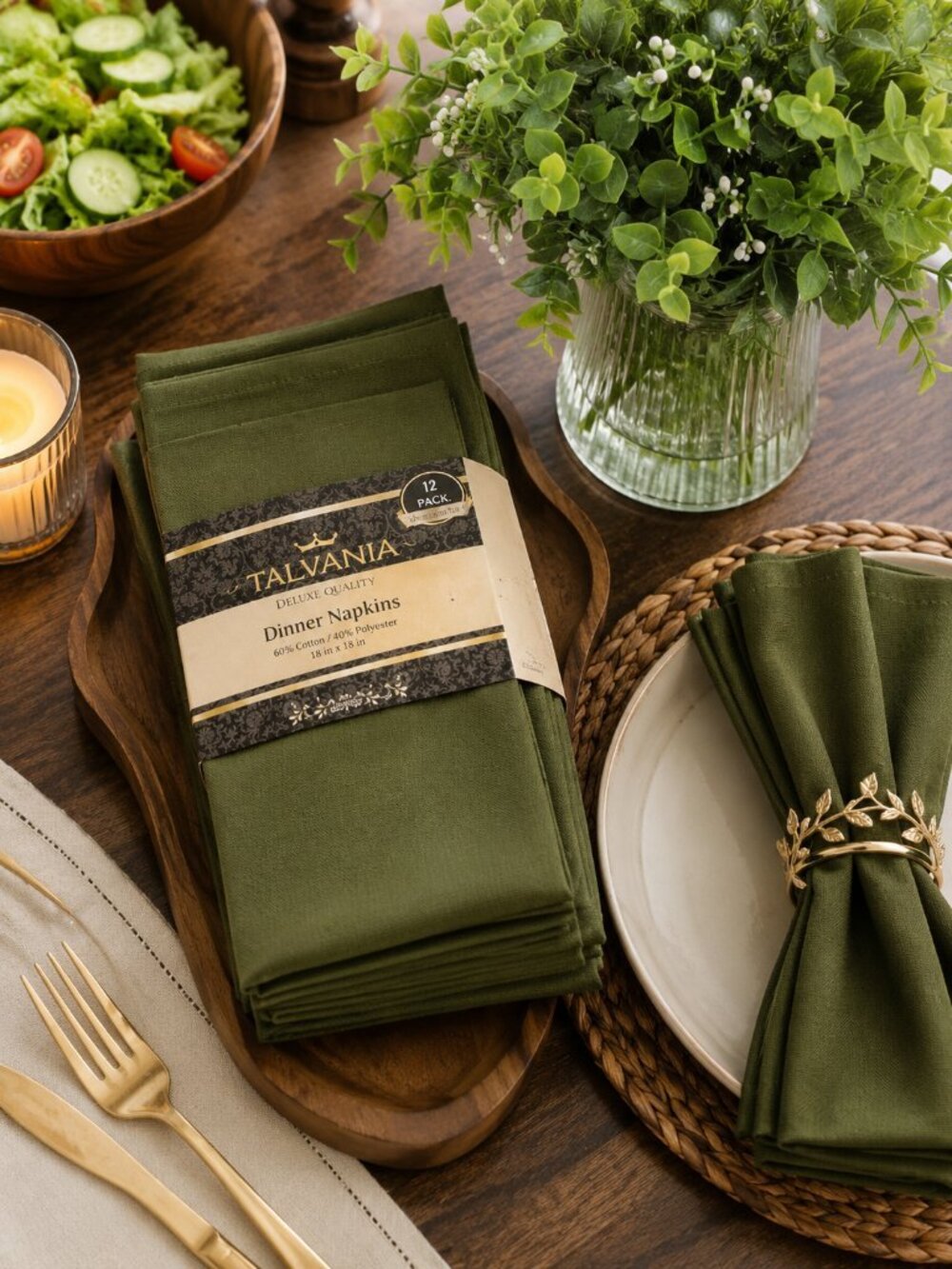 Talvania Olive Green Cloth Dinner Napkins Set of 12 18x18 Cotton Blend